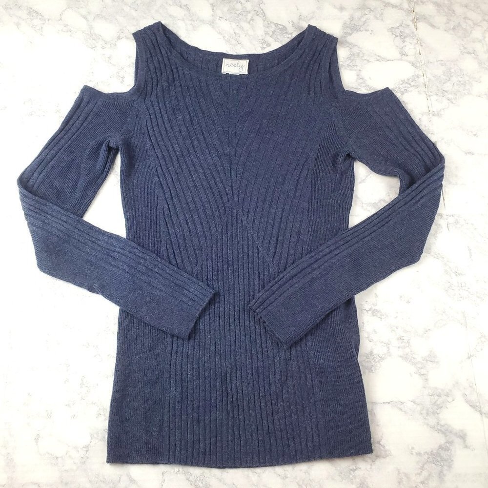 NEELY XS Sweater Blue Ribbed Cold‎ Shoulder Wool viscose blend Long sleeve